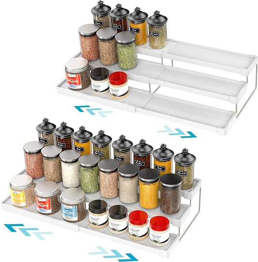 YAN & HIN Pack of 2 Expandable Spice Rack - Cabinet Organizer and Seasoning Organizer for Kitchen - Adjustable Storage Solution for Countertops and Shelves - Durable and Versatile Design