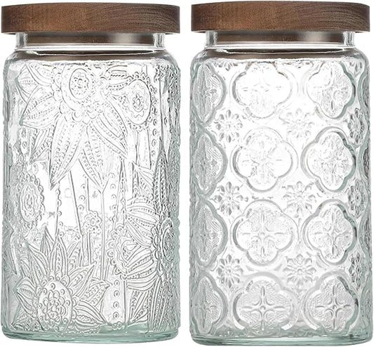 34 OZ Airtight Glass Storage Jar with Bamboo Lid - Vintage Glass Jar Vintage Food Containers Canisters Set for Kitchen Counter & Pantry - Ideal for Sugar, Flour, Coffee, Tea, Candy, Oats -2 Pack