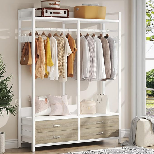 Tribesigns Freestanding Closet Organizer for Hanging Clothes, Heavy Duty Garment Rack with 4 Drawers, 8 Hooks and Storage Shelves, Wardrobe Closet Clothing Rack for Bedroom, Living Room, White Walnut