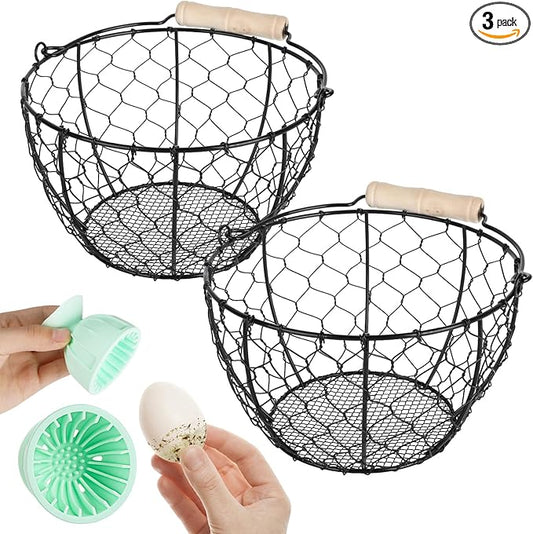 2 Pcs Egg Basket With Handle,Wire Egg Basket for Gathering Fresh Eggs, Round Egg Collecting Basket for Farm,Vintage Style Chicken and Duck Eggs Basket Egg Countertop Storage Container Holder