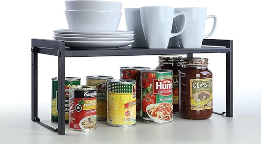 SunnyPoint Expandable Cabinet Storage Rack - Tabletop Storage Spice Shelf Organizer Rack (M - 15.1"~25.78" W X 7.87" D X 8.46" H, BLACK)