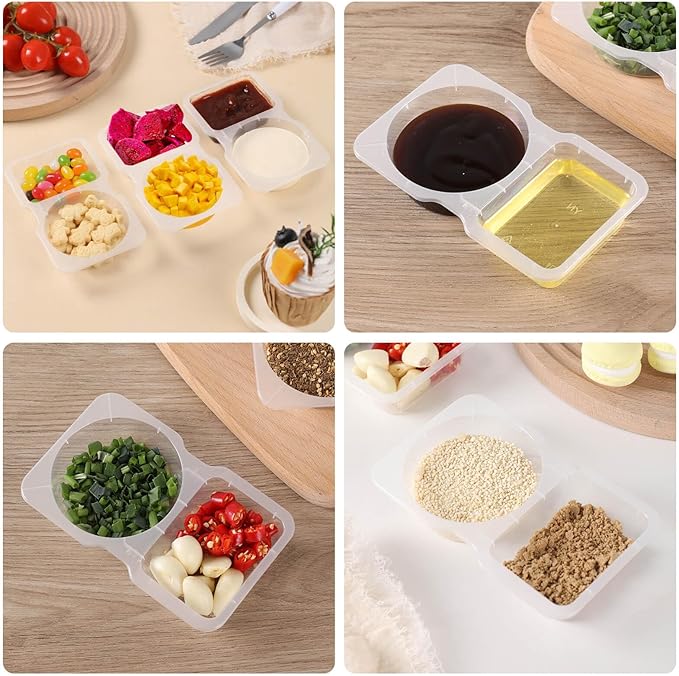 15 Sets Double Compartment Condiment Containers with Lid, Transparent Small Plastic Dipping Containers for Condiments or Dips, Sauce Snack, Salad Dressing, Sampling, Travel Snack