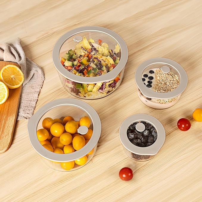 Glass Food Containers with Glass Lid, Microwave Safe Glass Food Storage Container, Large 4 Pack Round Shape, Glass Food Containers with Lids, Glass Meal Prep containers with Leak Proof Lid.