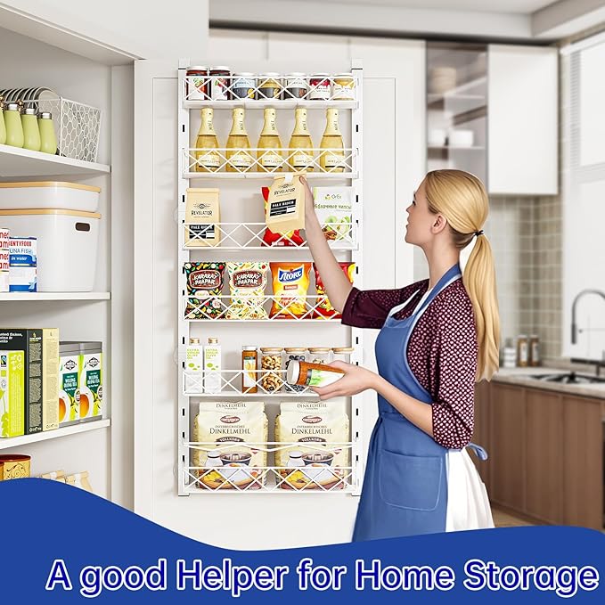 Over the Door Organizer, White 6-Tier Pantry Door Organizer with Adjustable Basket, Hanging Spice Rack Cabinet Door Shelves, Laundry Room Organization and Storage