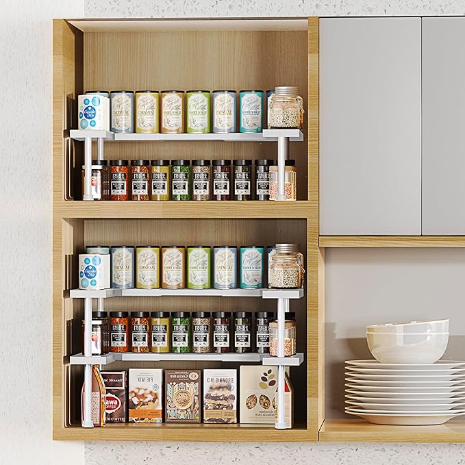 DOLALIKE Expandable Spice Rack Organizer, Stackable Cabinet Shelf Organizer Rack, Space Saving Kitchen Seasoning Organizer Storage for Home Pantry Cupboard (White)
