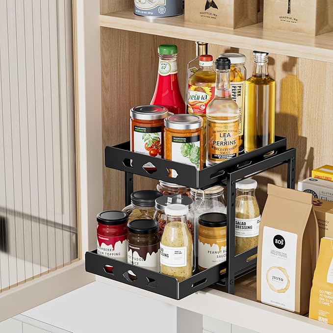 Pull Out Spice Rack Organizer, 2-Tier Vertical Spice Rack, Height Adjustable for Kitchen Cabinet (9.7''Wx10.8''Dx9.2''H, Metal Black)