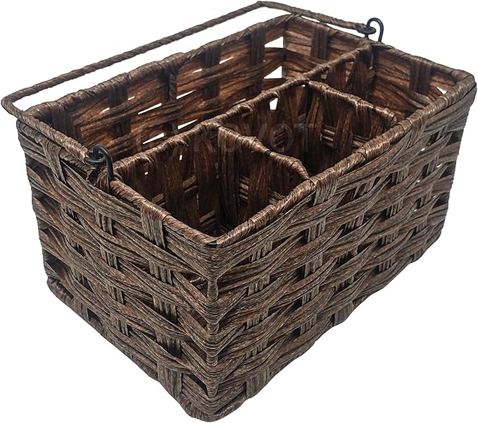 Kovot Poly-Wicker Woven Cutlery Storage Organizer Caddy Tote Bin Basket for Kitchen Table, Cabinet, Pantry, Indoor & Outdoor - Woven Polypropylene | Measures 9.5" x 6.5" x 5" (Dark Brown)