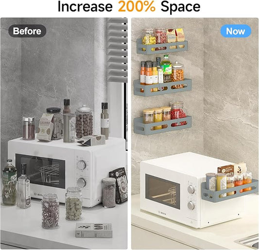4 Pack Magnetic Spice Rack for Refrigerator, Spice Rack Organizer, Moveable Magnetic Shelf Fridge Organizer with 4 Hooks for Kitchen and Oven Organization, Grey