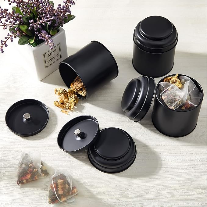 12 Pcs Tea Tin Canister with Airtight Double Lids 8 oz Round Tin Can Box Small Kitchen Tea Canister Loose Leaf Storage Containers for Loose Bags Coffee Sugar Candy Spices(Black)