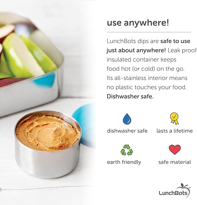 LunchBots 2.5 oz Stainless Steel Dressing Container for Condiments, Dips, Snacks, Dipping Sauce Cups with Silicone Lid, Fits in Lunch Bags and Bento Boxes - Set of 2 (Blue)