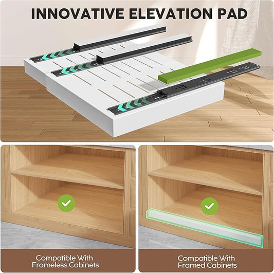 2 Pack Pull Out Cabinet Organizers 21"Deep With Raising Pad for Framed Cabinets,Expandable Slide Out Drawers Upgrade 3 Slide Rails,Roll Out Shelves Adhesive,Adjustable Width 15.2"-26.3" White