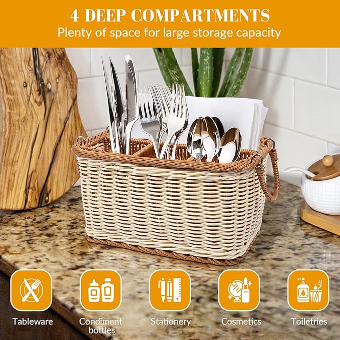 Utensil Holder Silverware, Rattan Hand Woven Cutlery Storage Organizer, Multifunctional Divided Storage Basket, for Hold Forks, Knives, Napkins, Foods and Sundries （ Flexible Handle ）