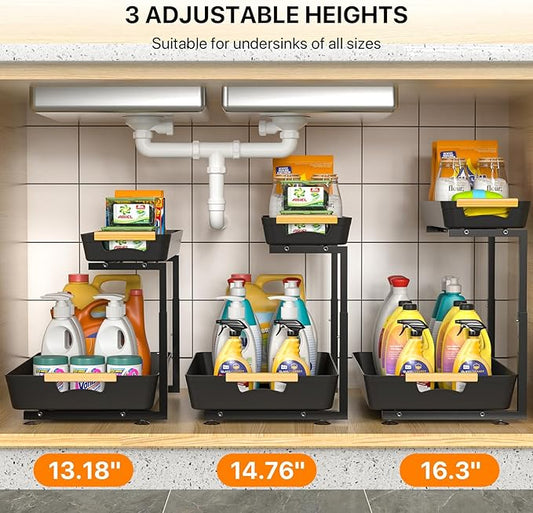2 Pack Under Sink Organizer, 2 Tier Pull Out Under Sink Organziers and Storage, Height Adjustable Slide Out Under Sink Cabinet Organizer for Kitchen Bathroom Laundry