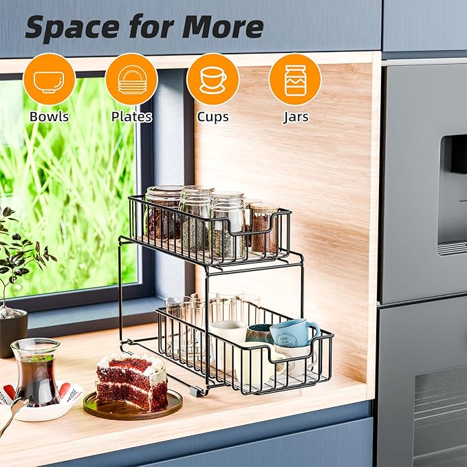 Under Sink Storage Spice Rack Organizer for Cabinet, Heavy Duty Metal Kichen Organizer with Slide Drawer, Black
