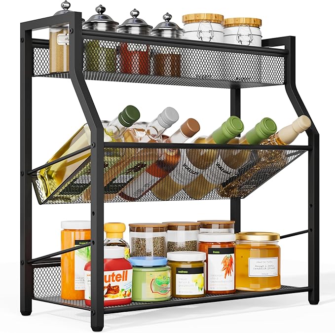 Dunatou 3 Tier Spice Rack, Kitchen Storage Organizer Shelf for Countertop, Metal Seasoning Storage Shelf with Guardrail and Mesh Design for Kitchen, Countertop, Dining Room, Black