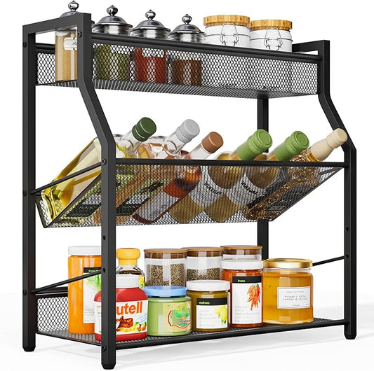 Dunatou 3 Tier Spice Rack, Kitchen Storage Organizer Shelf for Countertop, Metal Seasoning Storage Shelf with Guardrail and Mesh Design for Kitchen, Countertop, Dining Room, Black