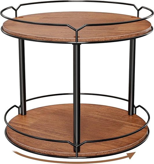 12.4" Lazy Susan Organizer 2 Tier - Rotating Spice Rack, Wooden Spinning Spice Holder for Inside Cabinet, Pantry, Kitchen, Countertop, Bathroom and Vanity, Versatile Storage