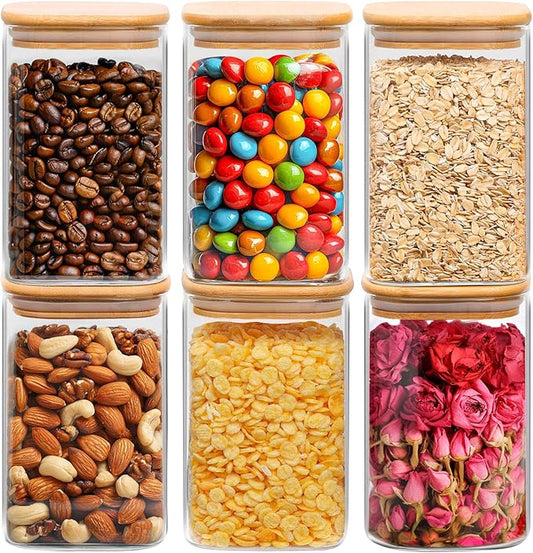 ComSaf 37 oz Glass Storage Containers with Lids, Glass Jars with Lids, Clear Food Jar, Square Canister Set of 6, Pantry Organizers and Storage for Cookie Flour Oat Pasta Tea Coffee Bean