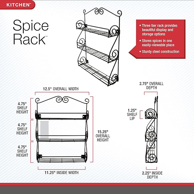Spectrum Diversified Scroll Spice Wall Mount Rack, Black