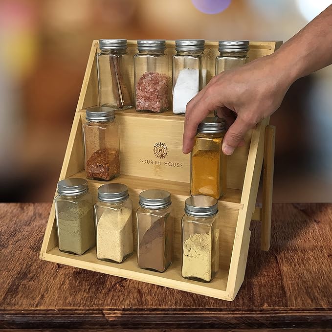Fourth House Bamboo Spice Rack for Drawer or Countertop - Spice Organizer Holder for Kitchen Spices