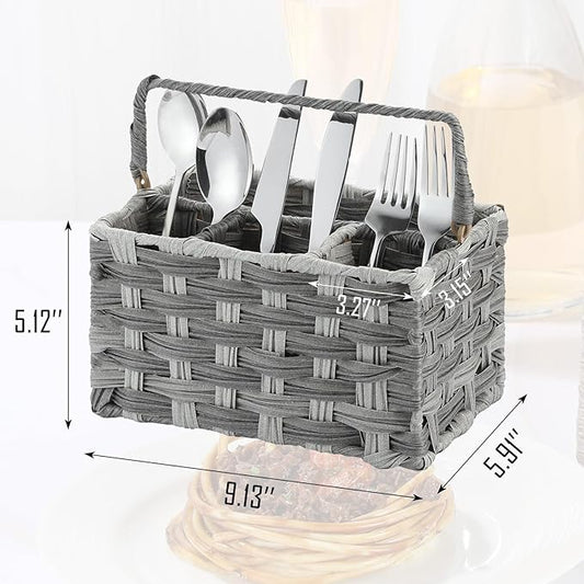 Silverware Holder for Party Plastic Utensil Holder Wicker Silverware Caddy Cutlery Holder with Handle Spoon and Fork Organizer Dark Gray Utensil Caddy for Kitchen Counter