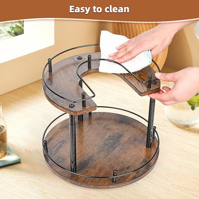 Adjustable 2-Tier Lazy Susan Spice Rack Organizer - Wooden Rotating Turntable for Kitchen Cabinet, Countertop, Pantry Storage, 360° Spice Carousel with Non-Slip Base, Easy Clean Home Decor