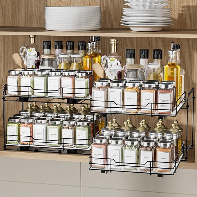 2-Tier Spice Rack Organizer, Pull Out Spice Rack for Cabinet, Height Adjustable Heavy Duty Metal Basket for Inside Cabinets & Pantry (11.5''Wx10.5''Dx9.5''H)