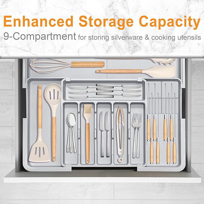 Silverware Drawer Organizer for Kitchen, Adjustable Utensil Drawer Organizer with 2 Knife Block, BPA Free Flatware and Cutlery Holder, Expandable Plastic Storage for Spoons Forks Knives(Grey)