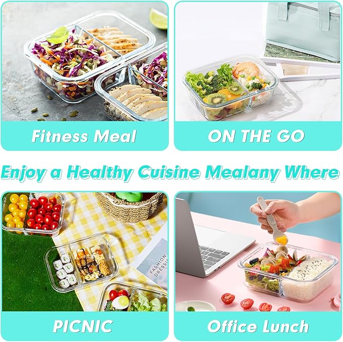 VERONES 10 Pack Glass Meal Prep Containers 2 Compartment Set, 30 OZ Airtight Glass Lunch Containers, Glass Food Storage Containers with Lids, for Microwave, Oven, Freezer & Dishwasher Friendly，Green