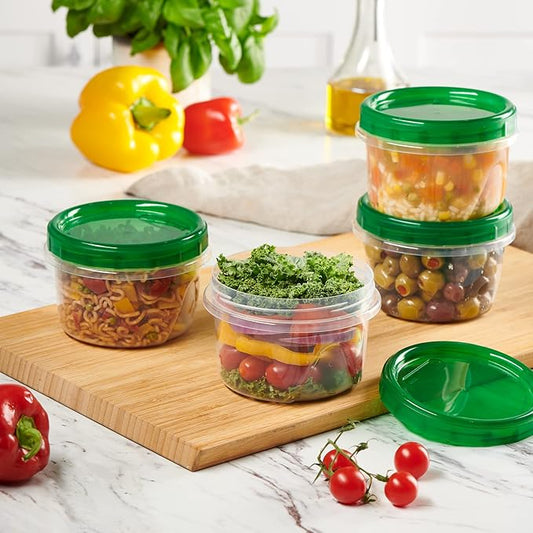 PLASTICPRO 12 Pack Twist Cap Food Storage Containers with Green Screw on Lid- 16 oz Reusable Meal Prep Containers - Freezer and Microwave Safe Green Plastic Food Storage