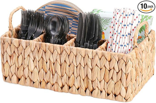 Wicker Party Silverware Caddy, Water Hyacinth Plastic Cutlery Utensil Holder, Hand Woven with Handles, Kitchen Countertop and Picnic flatware Organizer (5 compartments)