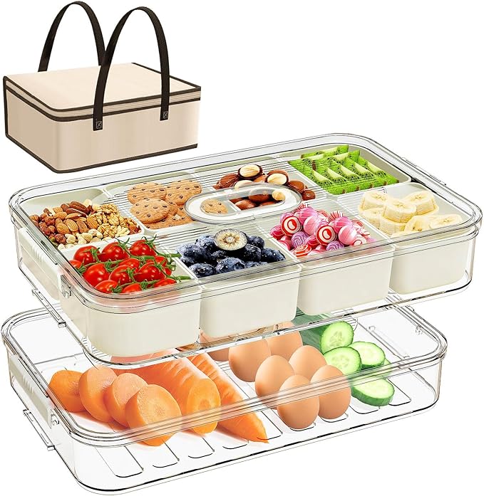 Snack Box Containers, Divided Serving Snack Tray with Lid - Double layered Stackable Snackle Platters with Bag, 8 Compartment for Snacks, Candy, Fruits, Nuts, Veggie for Fridge, White Large Organizer.