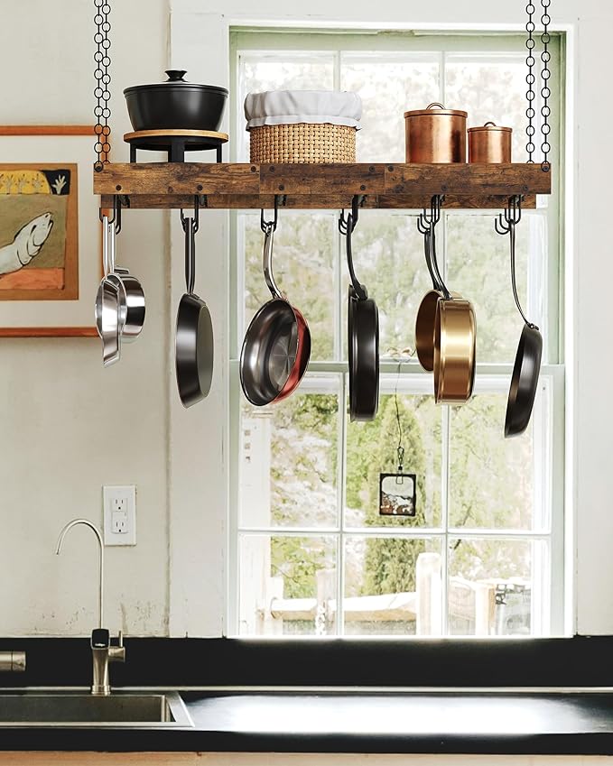 Hanging Pot Rack, Ceiling Wall Mounted Pot Rack for Kitchen, Industrial Style Pot Hanger with 18 Hooks, Cookware Storage Organizer, for Pots and Pans, Rustic Brown and Black TPR12BFC1