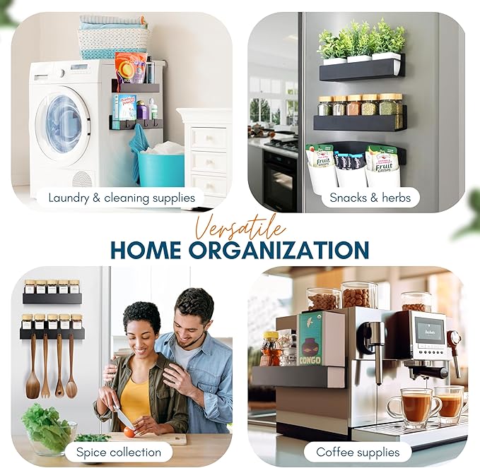 Magnetic Spice Rack for Refrigerator - Strong Magnetized Shelf for Fridge Storage - 2 Pack with Bonus Storage Cups and 4 Moveable Hooks - Versatile Space-Saving Kitchen Organizer Shelves