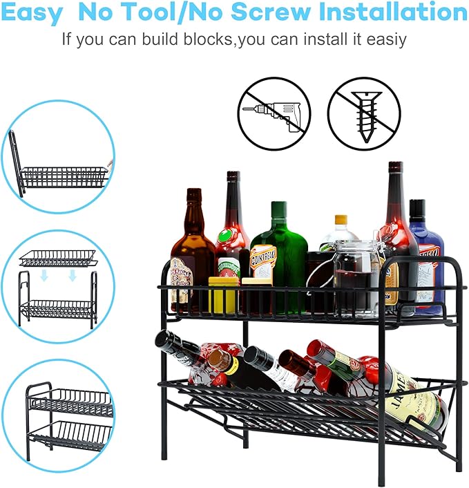 HengLiSam Spice Rack Organizer for Countertop, Heavy Duty Full Solid Metal Kitchen Shelves, 2 Tier Liquor Shelves Freestanding Holder Storage for Kitchen Cabinet Pantry Bottle Rack for Bathroom, Black