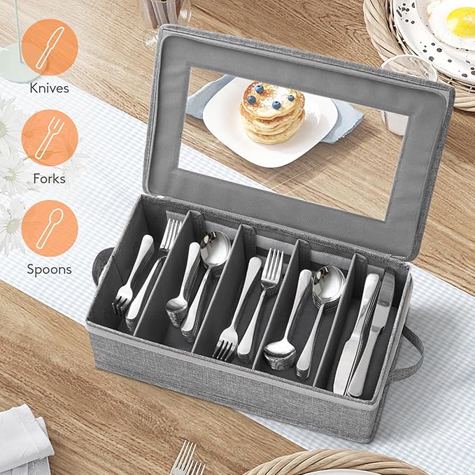 Lifewit Silverware Storage Box, Flatware Organizer with Zipper Lid, 5 Compartment Cutlery Case with Adjustable Divider and Handle, Utensil Container for Spoon Fork Knives Tableware, Gray, 1 Pack