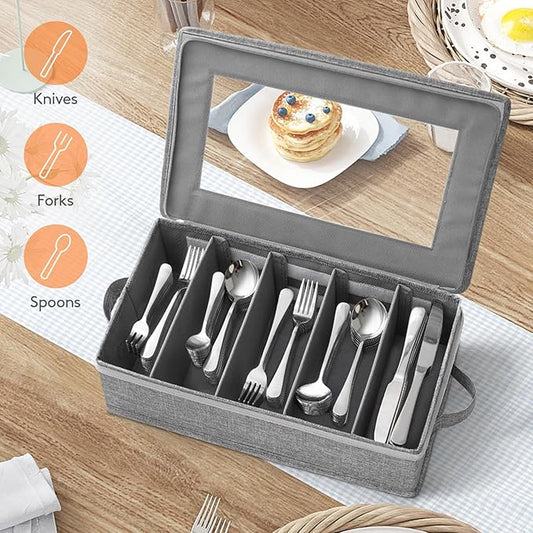 Lifewit Silverware Storage Box, Flatware Organizer with Zipper Lid, 5 Compartment Cutlery Case with Adjustable Divider and Handle, Utensil Container for Spoon Fork Knives Tableware, Gray, 1 Pack