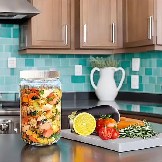 JARMING COLLECTIONS Mason Jars 32 Oz Glass Extra Wide Mouth Quart Storage Jars With Lids - BPA Free Plastic Storage Lids - Made in USA - Quart Glass Jars 32 oz with Lids (Set of 3)