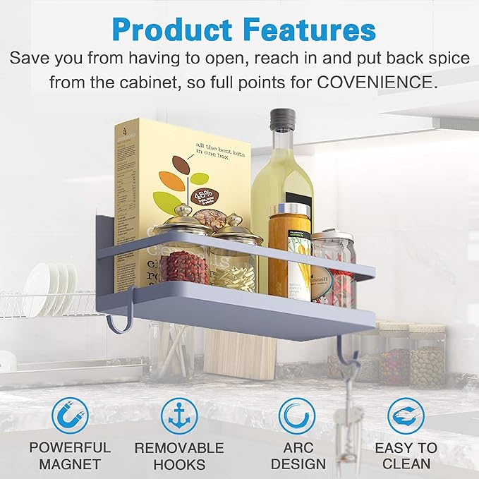 Thipoten Magnetic Spice Rack, Strong Magnetic Shelf with 2 Removable Hooks, Perfect Space Saver for Small Kitchen/Apartment, Awesome Metal Cabinet for Holding Spices, Jars, Bottle, Beve(Grey, 2Pack)
