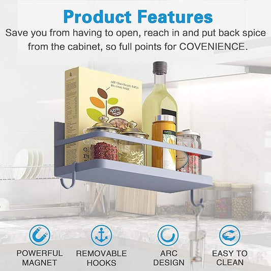 Thipoten Magnetic Spice Rack, Strong Magnetic Shelf with 2 Removable Hooks, Perfect Space Saver for Small Kitchen/Apartment, Awesome Metal Cabinet for Holding Spices, Jars, Bottle, Beve(Grey, 2Pack)