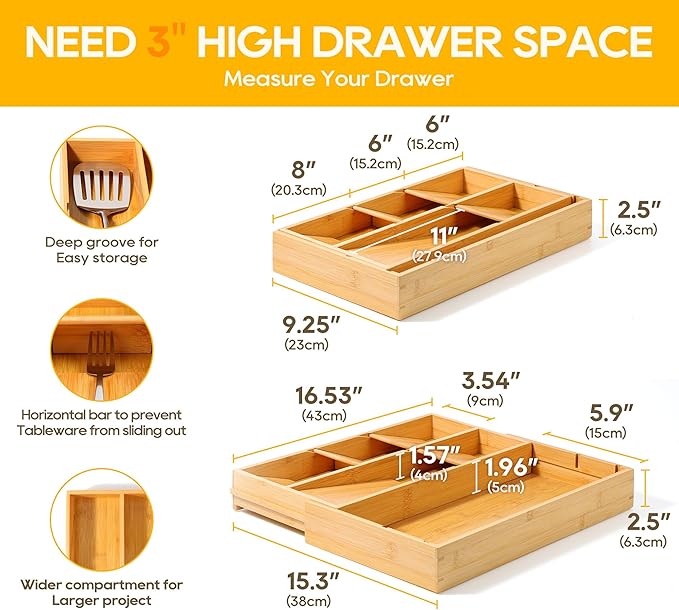 Bamboo Silverware Drawer Organizer Tray, Removable Dividers and Expandable Kitchen Utensil Tray for Different Dimension Flatware, Spoons, Forks, Knives (Natural,7 Slots)