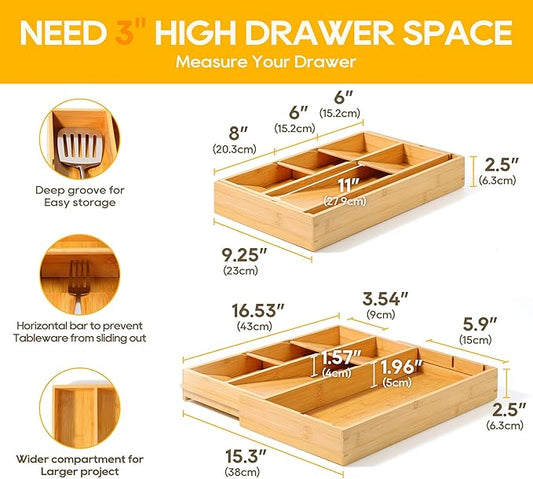 Bamboo Silverware Drawer Organizer Tray, Removable Dividers and Expandable Kitchen Utensil Tray for Different Dimension Flatware, Spoons, Forks, Knives (Natural,7 Slots)
