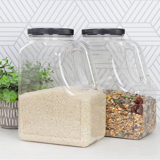Cornucopia Brands Clear Plastic Gallon Jar w/Handle and Airtight Lid (2-Pack) for Bulk Food, Craft Supplies, Paint and Detergent Storage and More