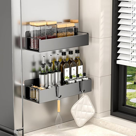 2 Pack Magnetic Spice Rack for Refrigerator, Black Magnetic Shelf for Kitchen Organizer and Storage, Mini Organizers for Oven and Fridge with 2 Hooks