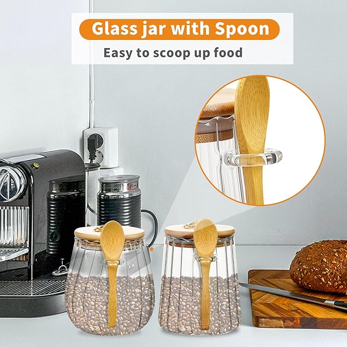 2 Pcs Glass Jars with Bamboo Lids and Spoon, Sugar Container Set, Coffee Grounds Container, Jars for Overnight Oats, Loose Leaf Tea Storage, Spice Jars for Countertop (2)