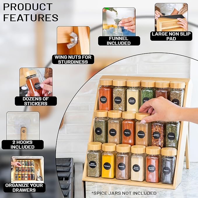 Extra Sturdy 3-Tier Bamboo Spice Rack – 12" W x 10" D x 13" H – Foldable Non-Slip Wooden Spice Organizer for Countertop, Cabinet & Drawer – Includes Labels, Funnel & Hooks