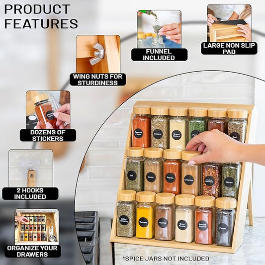 Extra Sturdy 3-Tier Bamboo Spice Rack – 12" W x 10" D x 13" H – Foldable Non-Slip Wooden Spice Organizer for Countertop, Cabinet & Drawer – Includes Labels, Funnel & Hooks