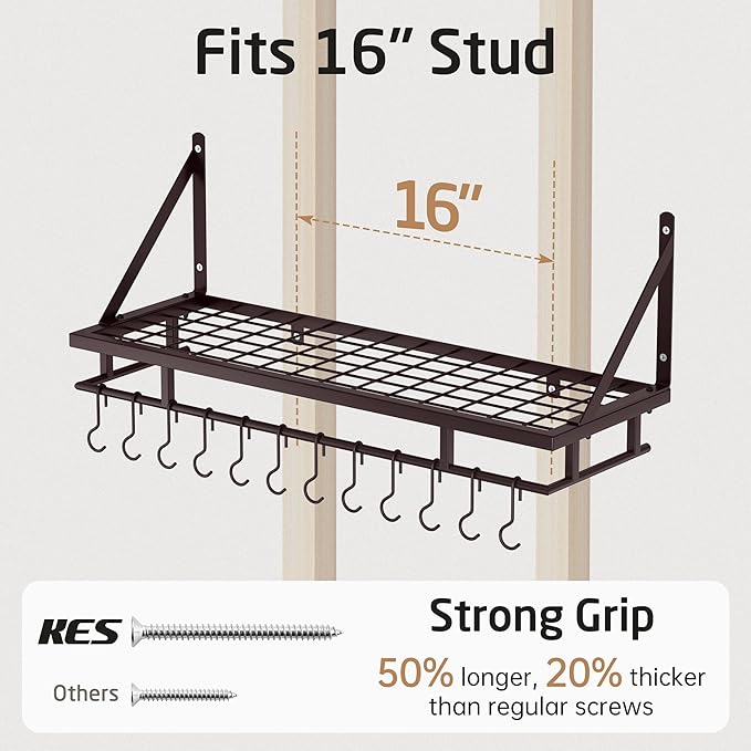 KES 30-Inch Oiled Bronze Pot Rack, Wall Mounted Hanging Pot and Pan Organizer with 12 Sturdy Hooks, Kitchen Wall Hanger Shelves Farmhouse Style, KUR215S75A-OB