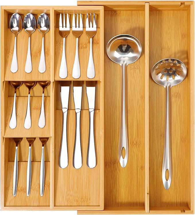 Bamboo Silverware Drawer Organizer Tray, Removable Dividers and Expandable Kitchen Utensil Tray for Different Dimension Flatware, Spoons, Forks, Knives (Natural,7 Slots)