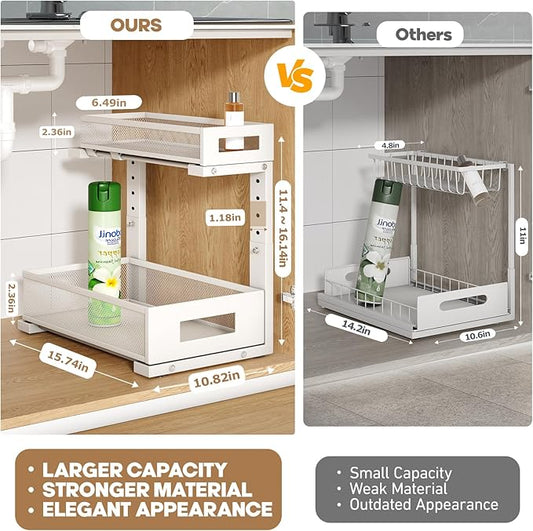 1 Pack-11.4"-16.14"H Under Sink Storage Organizer, Large 2-Tier Elegant Mesh Pull Out Shelf for Kitchen and Bathroom Cabinet Organization, L-Shaped and Adjustable Height Design for Maximum Space-White